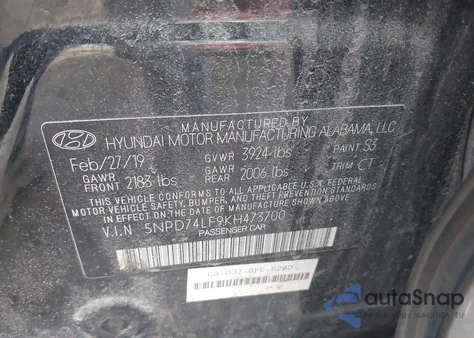 2019 Hyundai Elantra Se z USA, uszkodzony, nr VIN 5NPD74LF9KH473700